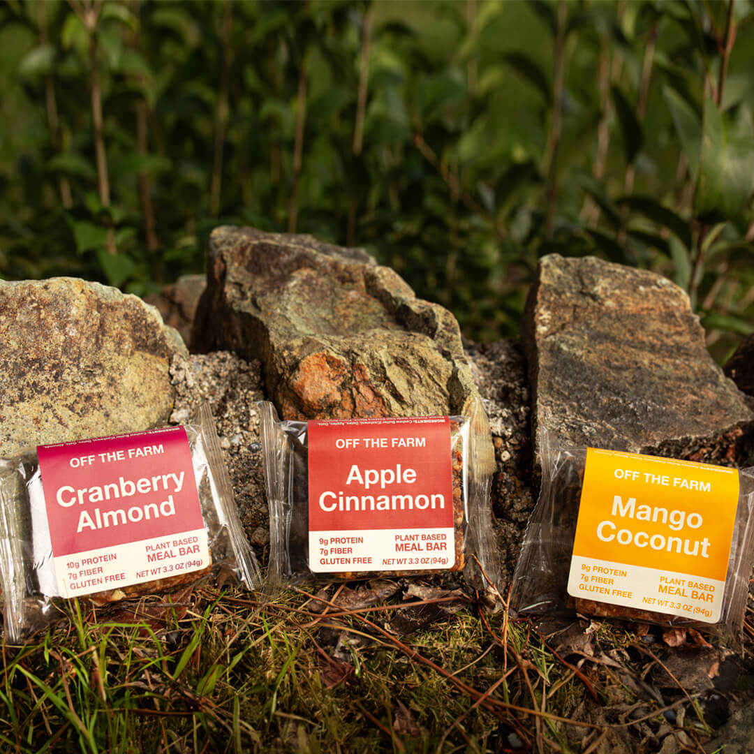 Three plant-based meal bars on rocks with labels indicating flavors and brand name.