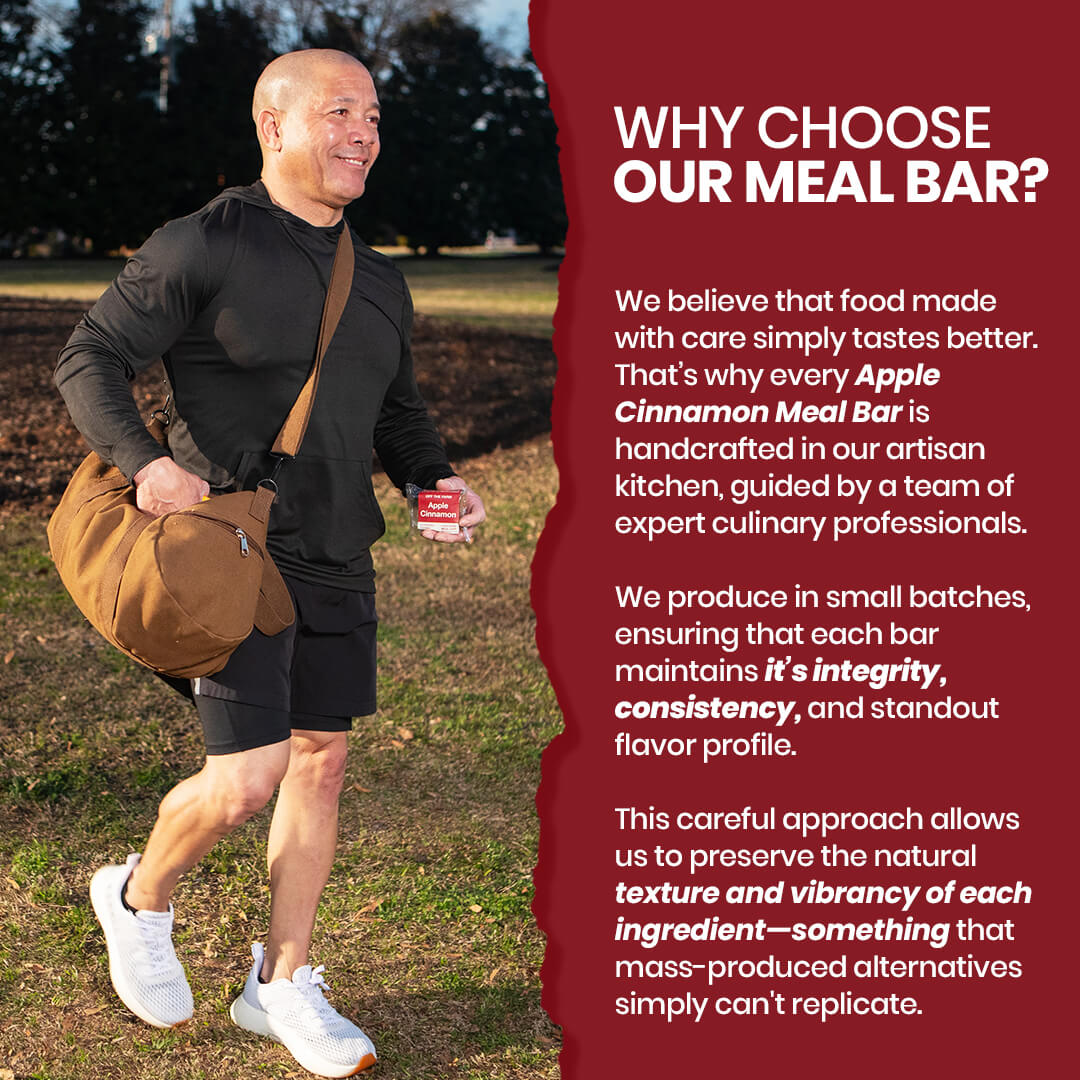 Man walking outdoors with a brown bag and a product, text about Apple Cinnamon Meal Bar on a red background