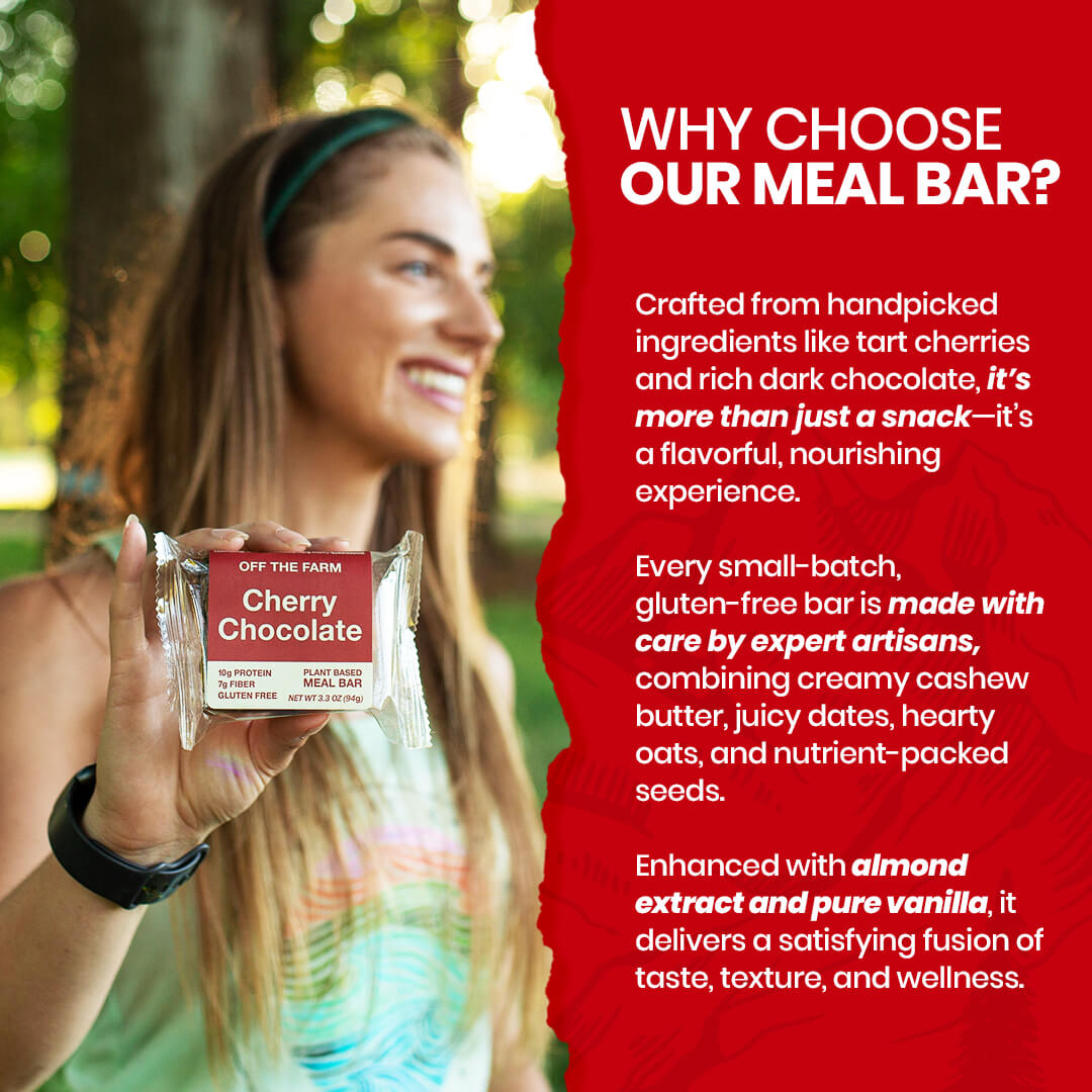 Woman holding a Cherry Chocolate meal bar with promotional text on a red background