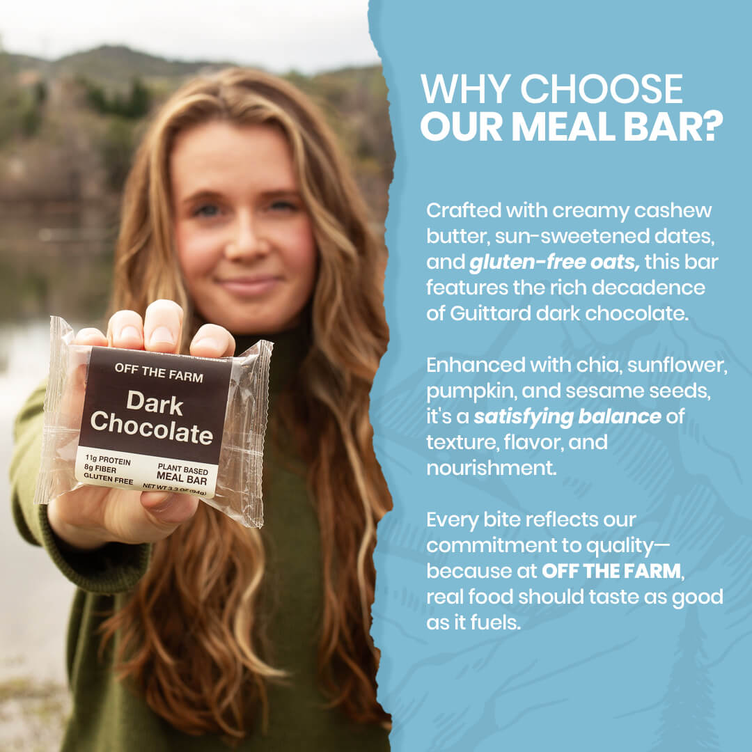 Woman holding a meal bar with text about its ingredients and benefits.