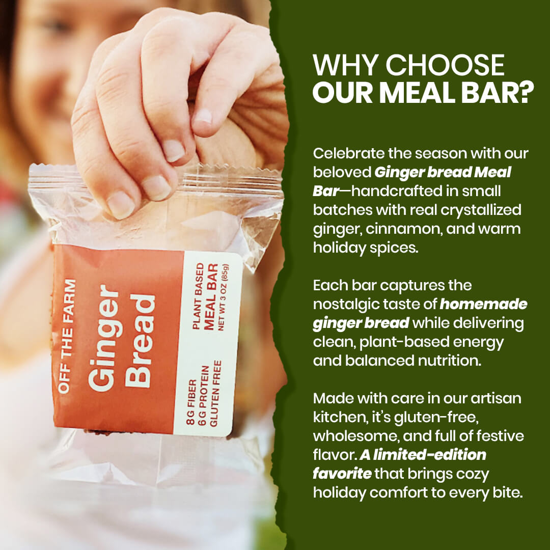 Woman holding Gingerbread meal bar with text about choosing the meal bar.