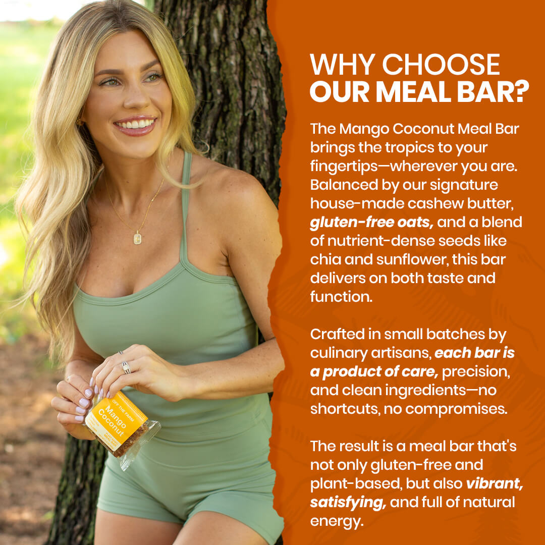 Woman holding a meal bar with promotional text about the product's benefits.