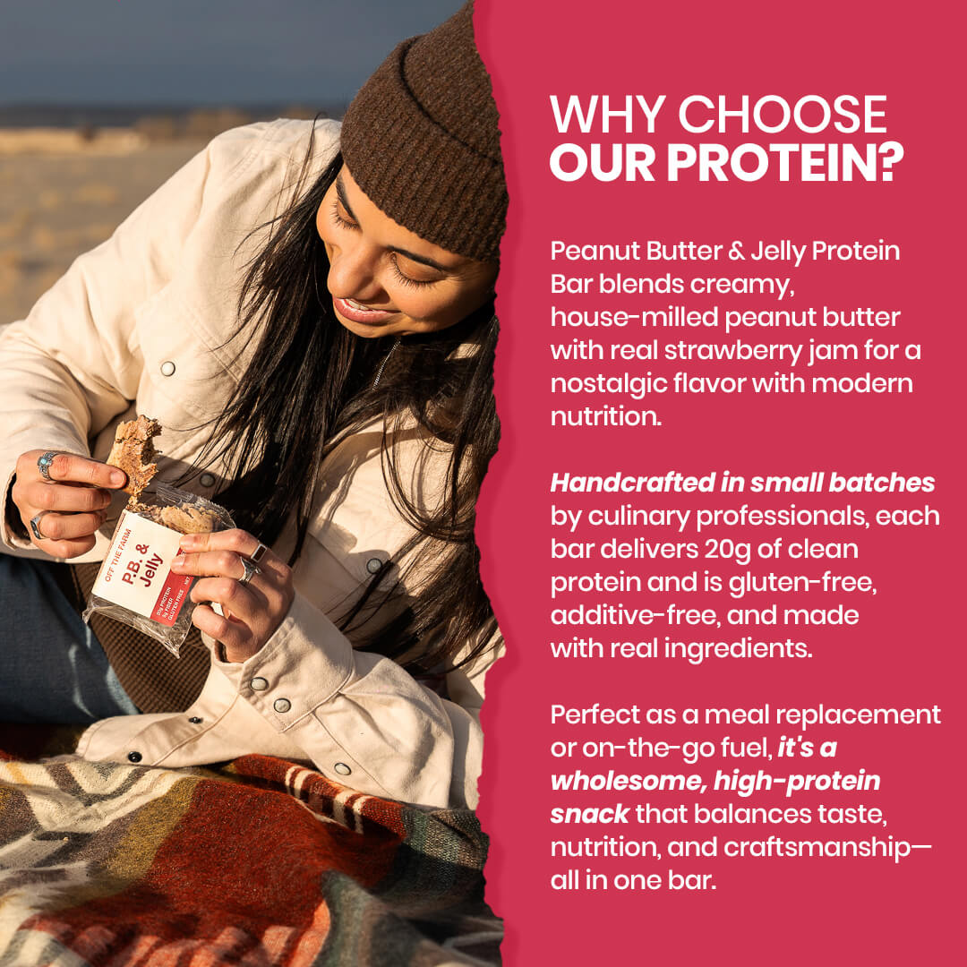 Person eating a protein bar with promotional text about the product on a red background
