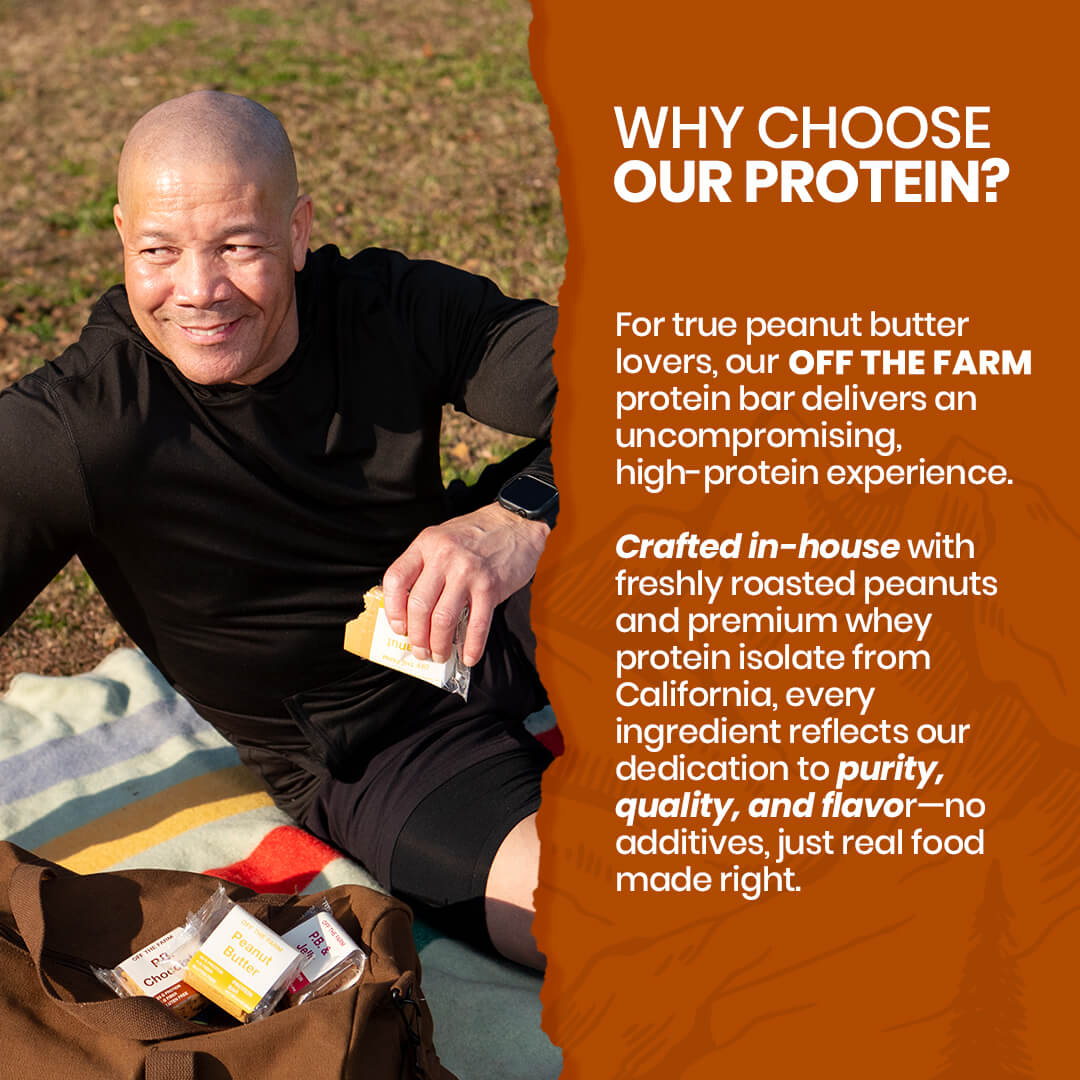 Man holding a protein bar with promotional text about 'Off The Farm' protein bars on an orange background.