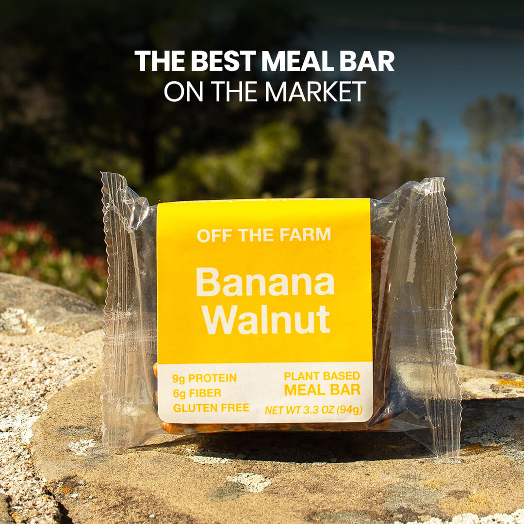 Banana Walnut meal bar with 'Off The Farm' branding on a natural background