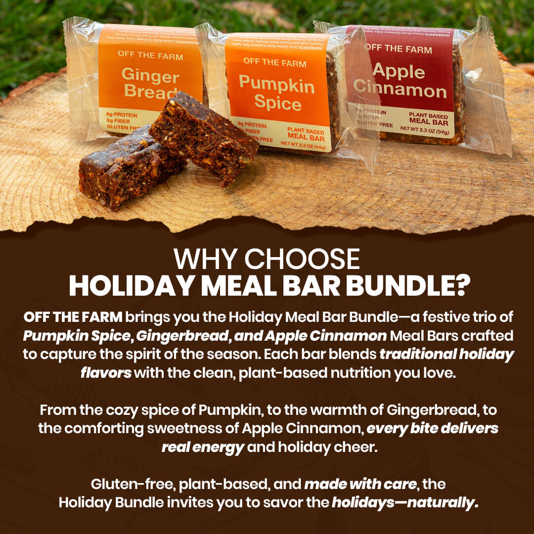 Three plant-based meal bars in packaging on a wooden surface with promotional text about the Holiday Meal Bar Bundle.