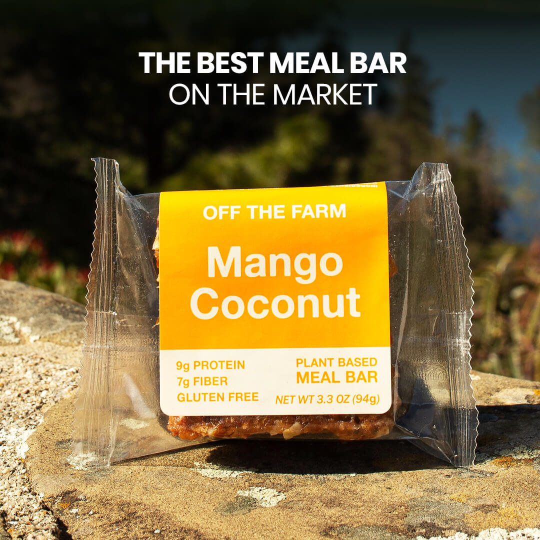 Mango Coconut meal bar packaging with text 'The Best Meal Bar on the Market' and 'Off the Farm' branding.