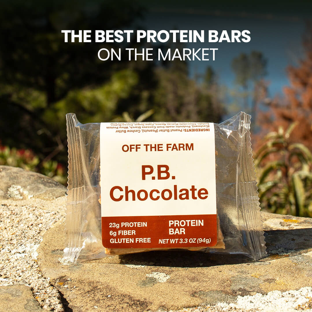 P.B. Chocolate protein bar packaging on a natural background with text 'The Best Protein Bars on the Market'.