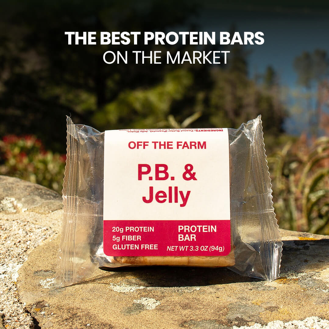 Protein bar packaging labeled 'P.B. & Jelly' by 'Off The Farm' on a natural background.