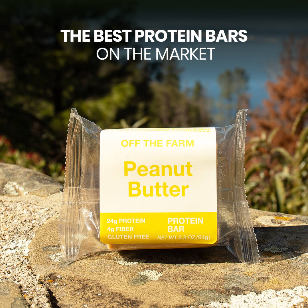Protein bar packaging labeled 'Peanut Butter' on a natural background