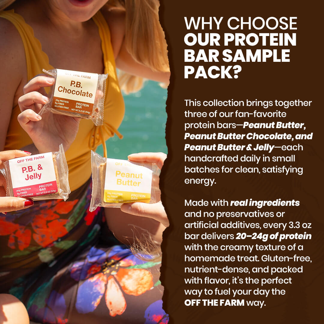 People holding OFF THE FARM protein bars with promotional text about the product.
