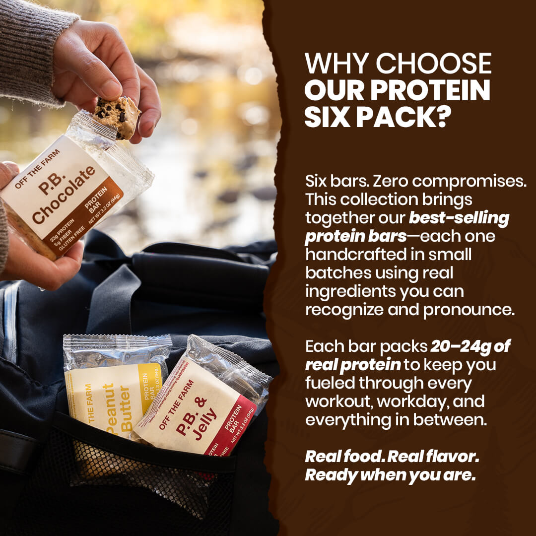 Person holding a protein bar with text about choosing the protein six pack.