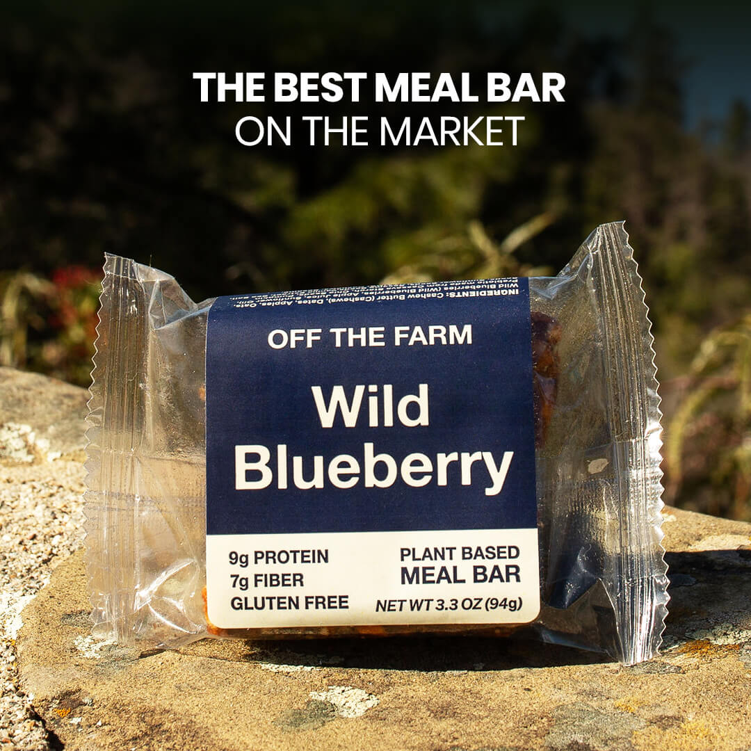 Wild Blueberry meal bar packaging on a rock with text 'The Best Meal Bar on the Market'.