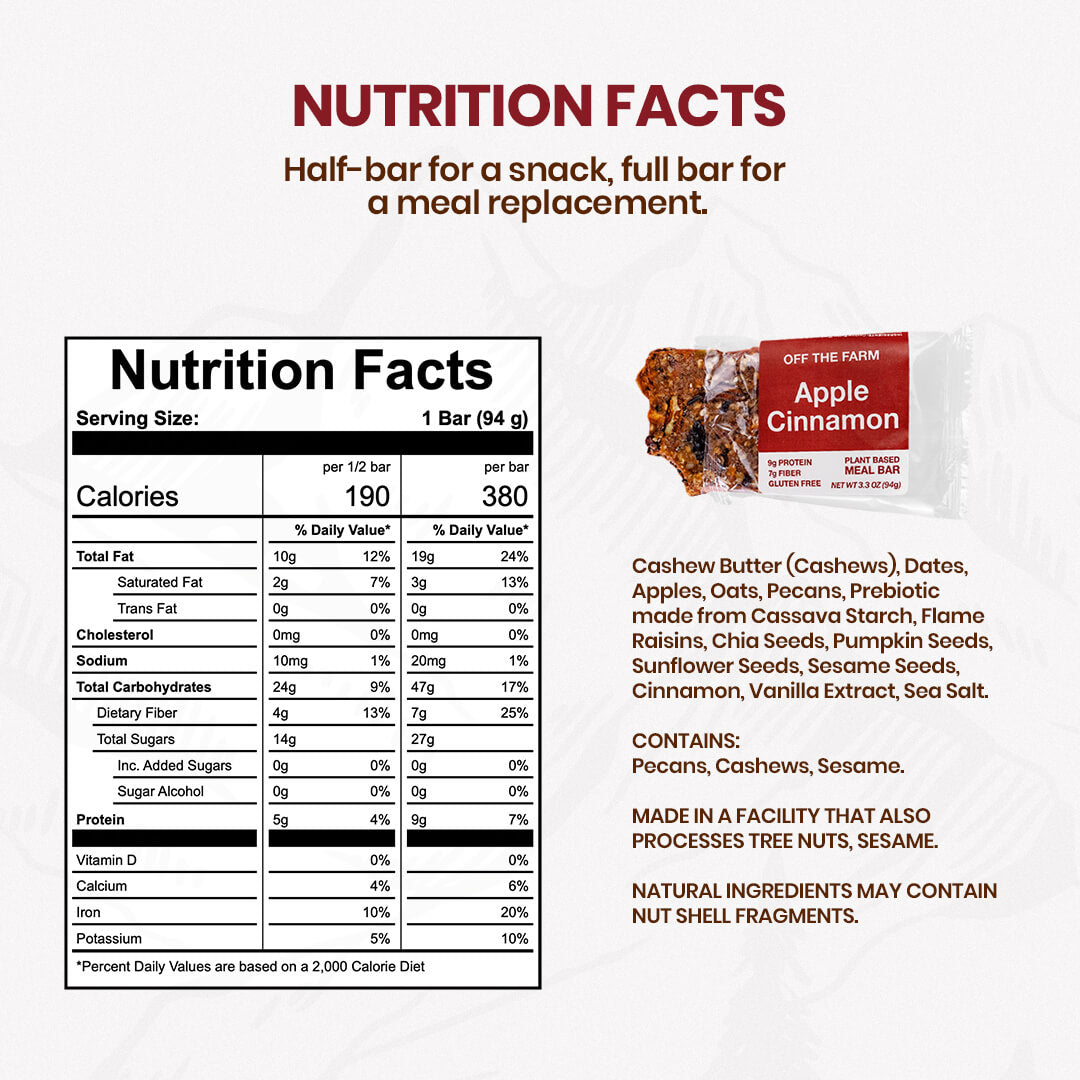 Nutrition facts label for a snack bar with an image of the product on a white background.