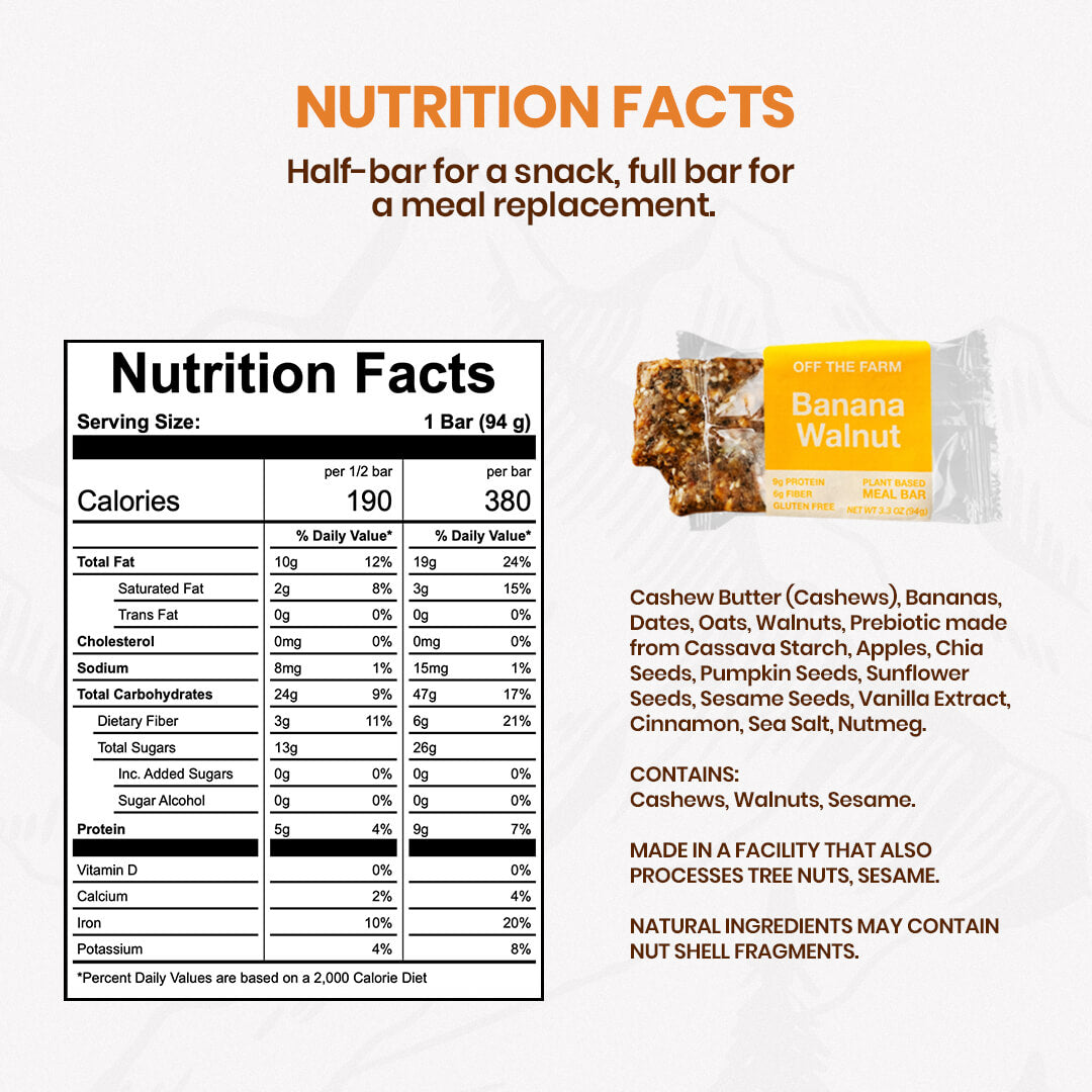 Nutrition facts label for a banana walnut protein bar with an image of the bar on a white background.