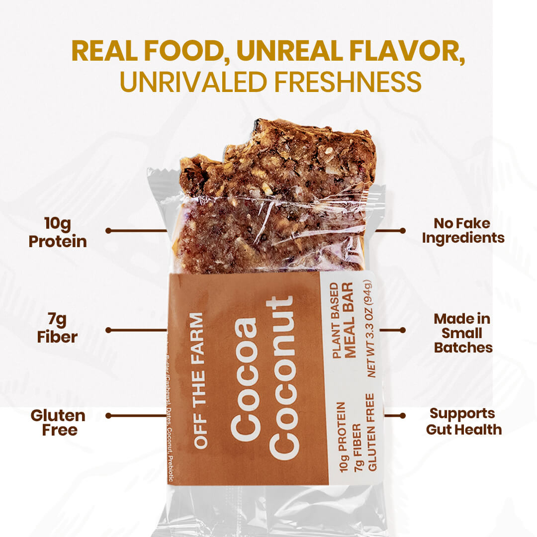 OFF THE FARM Cocoa Coconut plant-based meal bar packaging with nutritional information on a white background