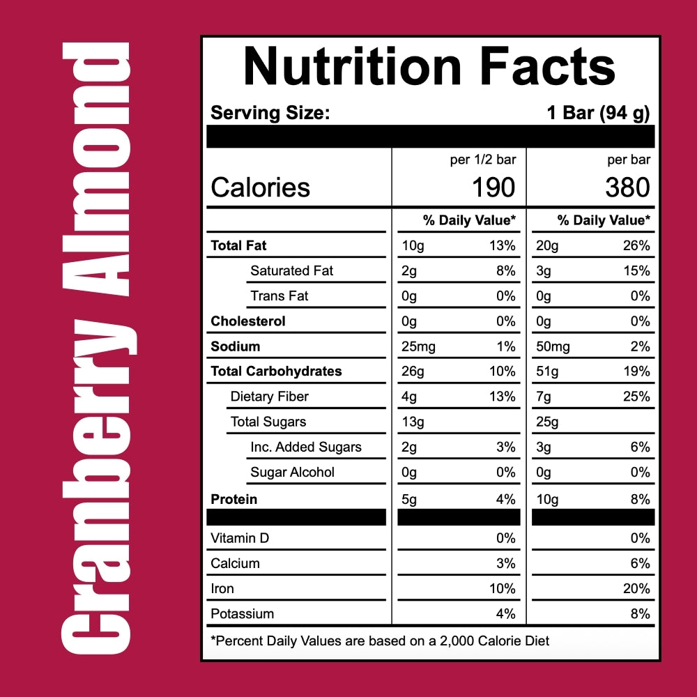 Nutrition facts label for Off the Farm cranberry almond bar on a red background