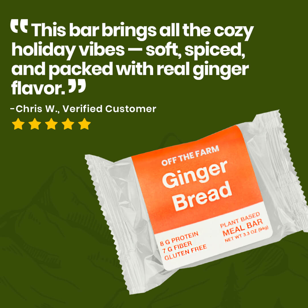 Gingerbread meal bar packaging with customer review on a green background