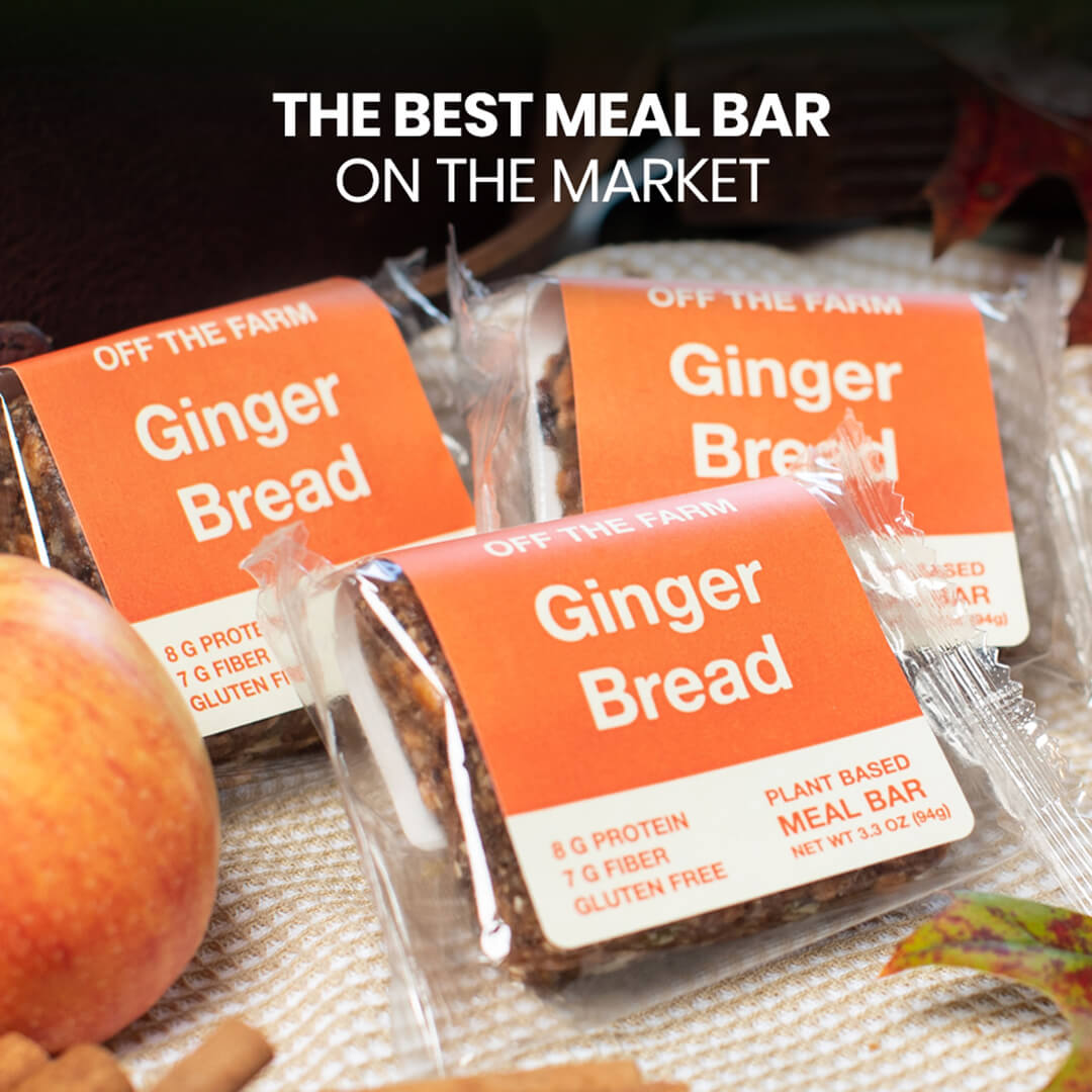 Gingerbread meal bars with packaging labeled 'Off the Farm' on a rustic background.