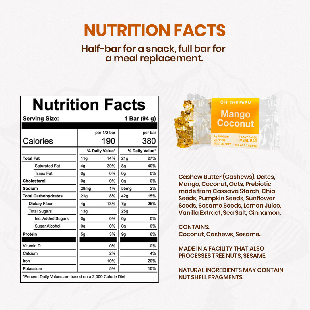 Nutrition facts label for a mango coconut flavored bar with an image of the bar on a white background.