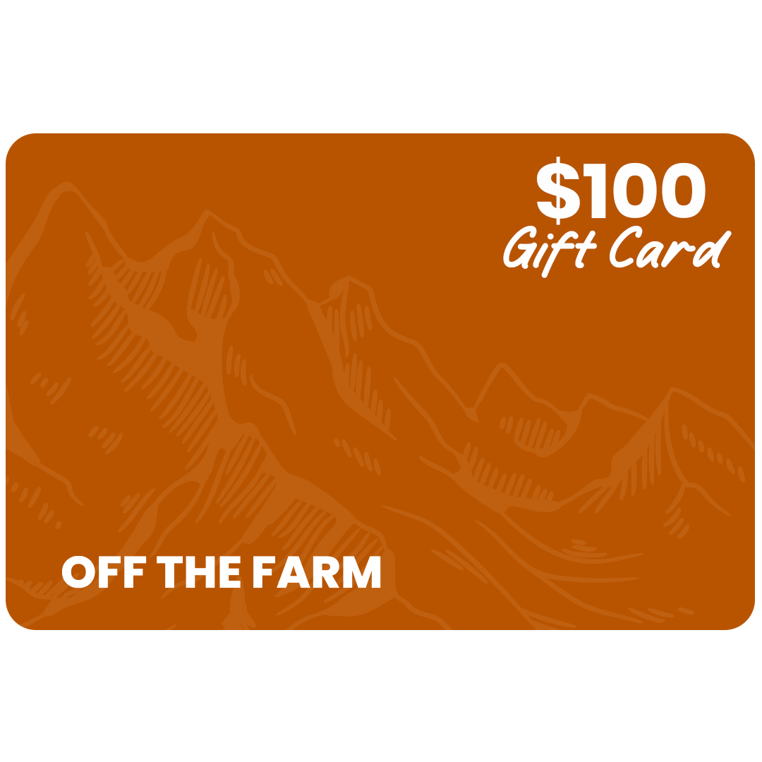 Orange gift card with mountain design and 'Off The Farm' branding #amount_$100