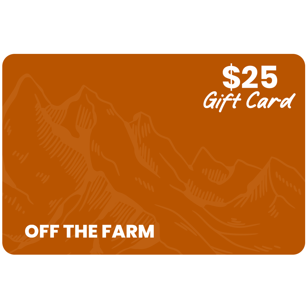 Orange gift card with mountain design and 'Off The Farm' branding #amount_$25