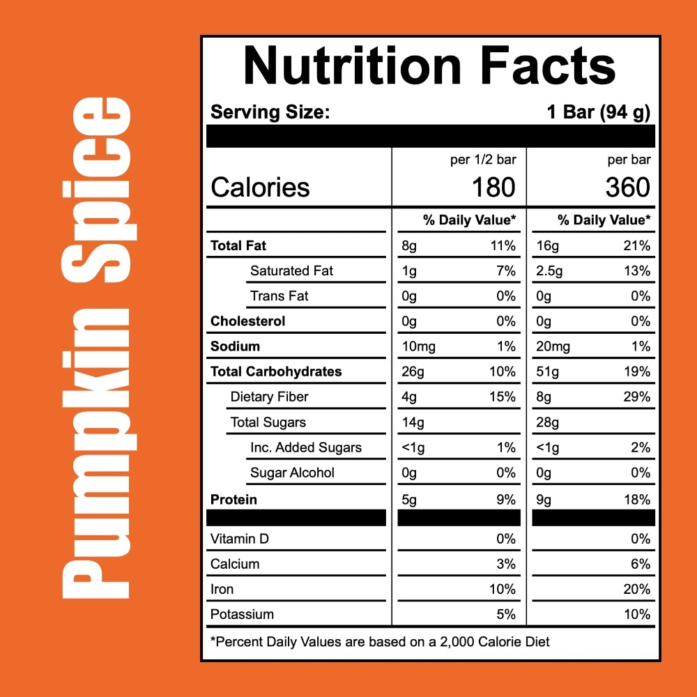 Nutrition facts label for Off The Farm pumpkin spice bar on an orange background