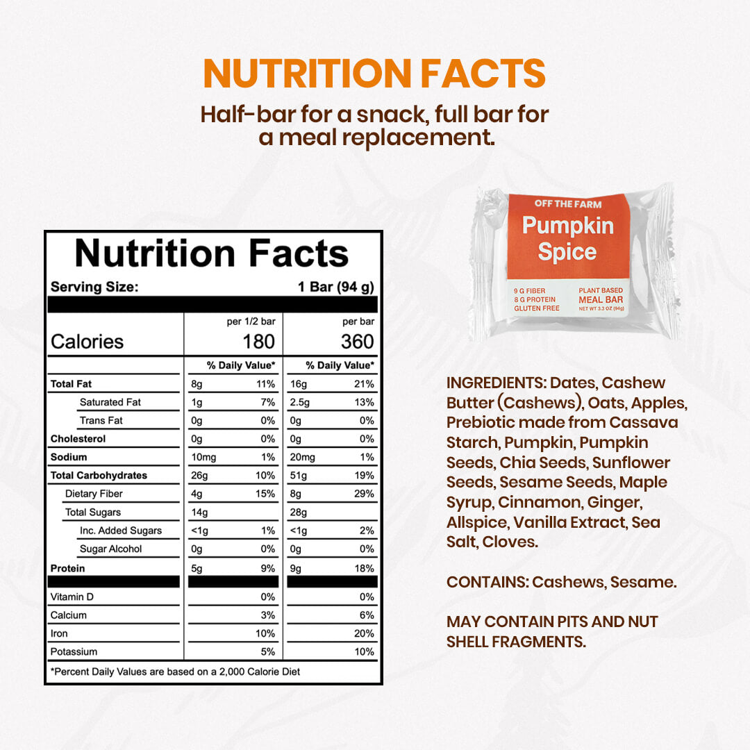 Nutrition facts label and pumpkin spice meal bar packaging on a white background