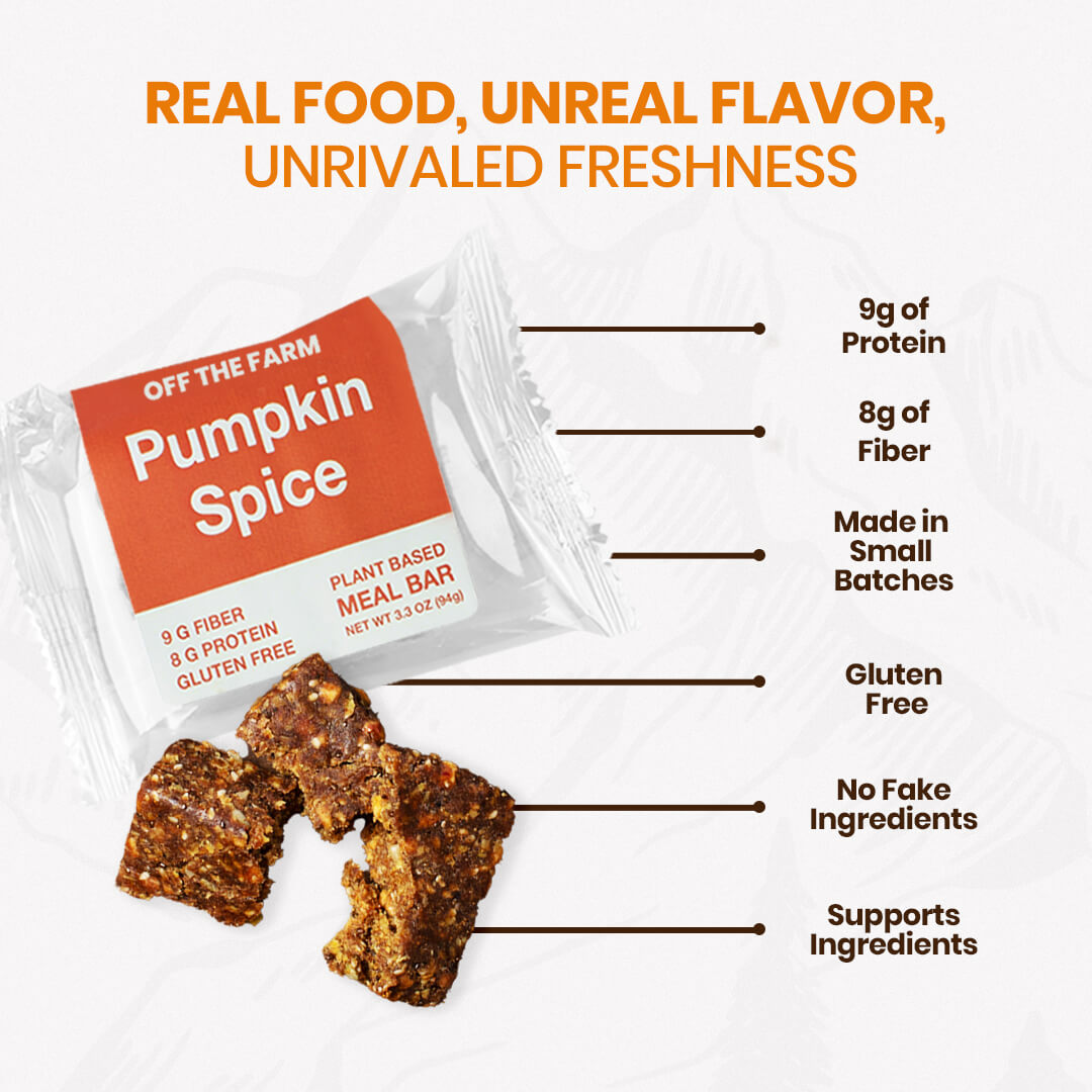 Pumpkin spice meal bar packaging with nutritional information on a white background