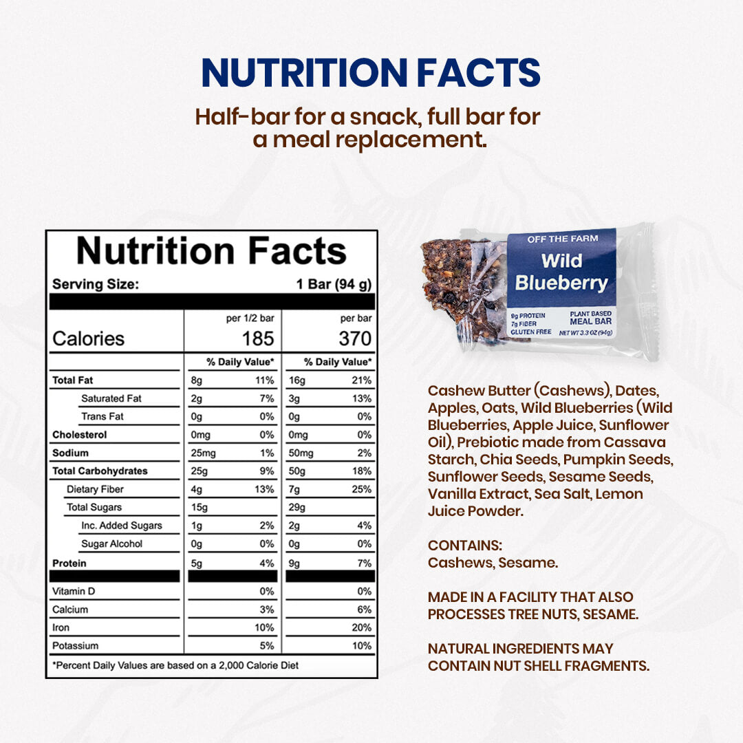 Nutrition facts label for a Wild Blueberry energy bar with product packaging on a white background.