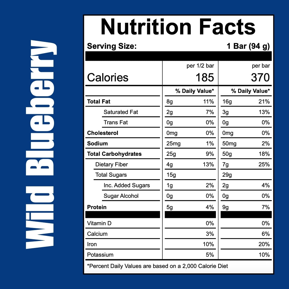 Nutrition facts label for an OFF THE FARM wild blueberry bar on a blue background
