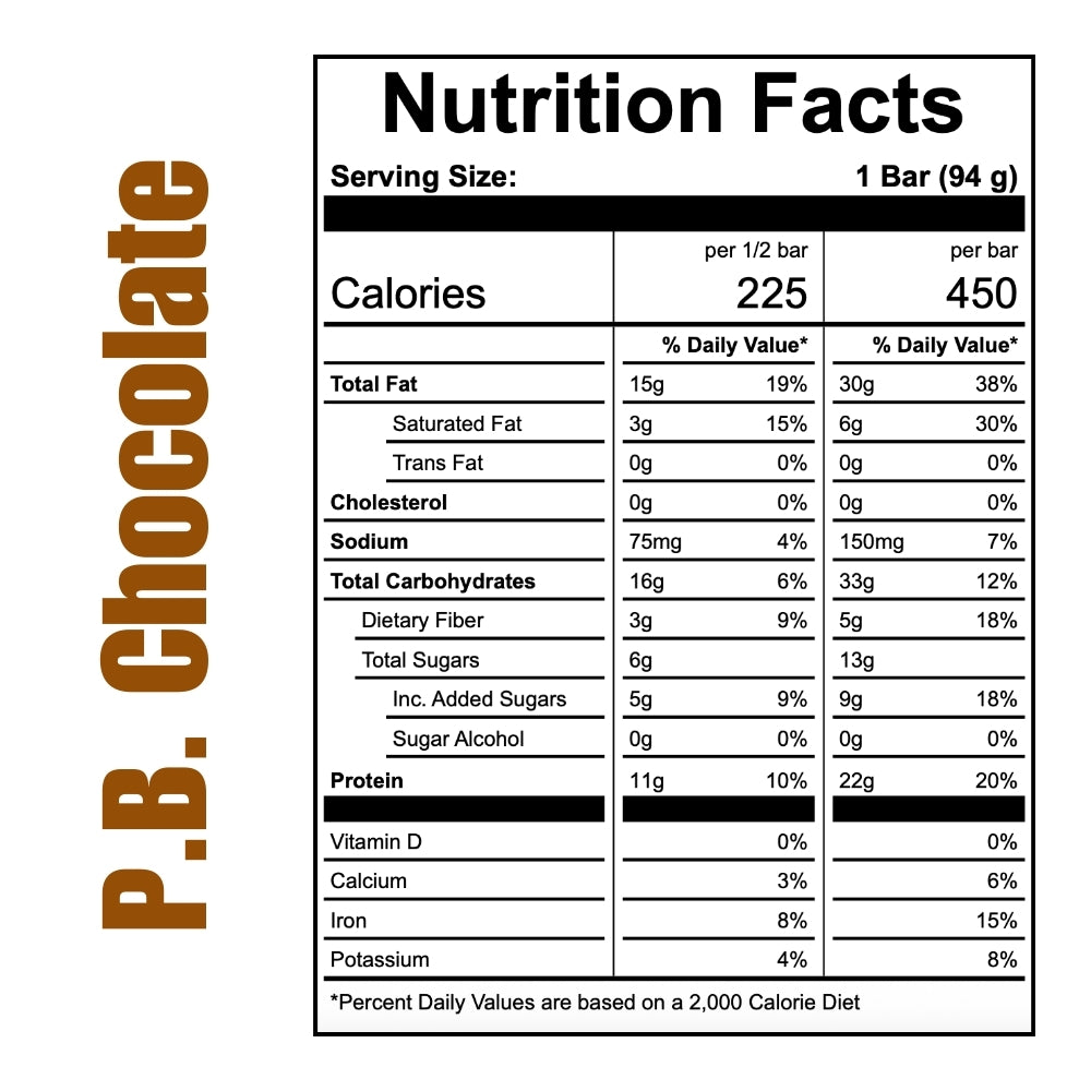 Nutrition facts label for an OFF THE FARM P.B. Chocolate bar