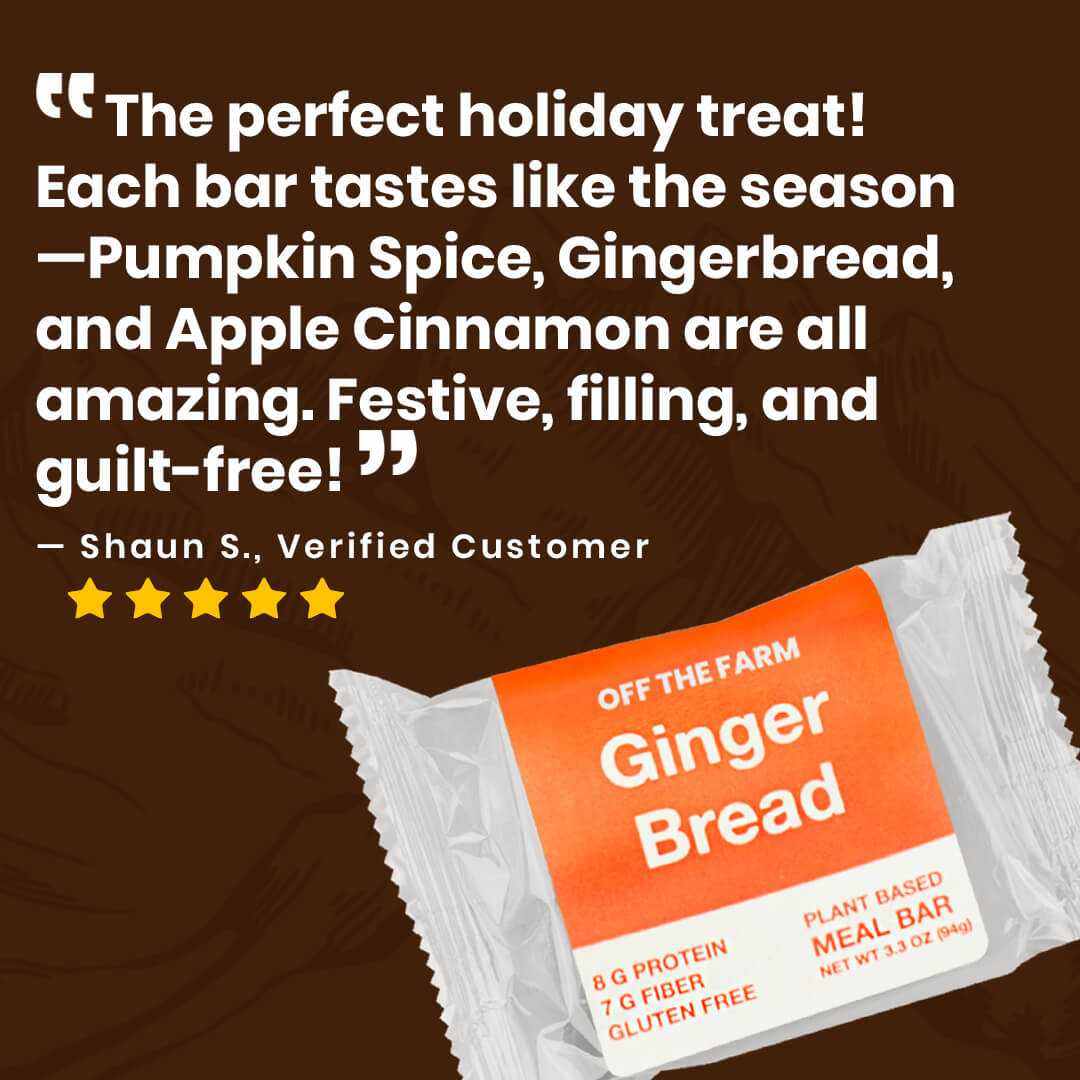 Gingerbread meal bar packaging with customer review on a brown background