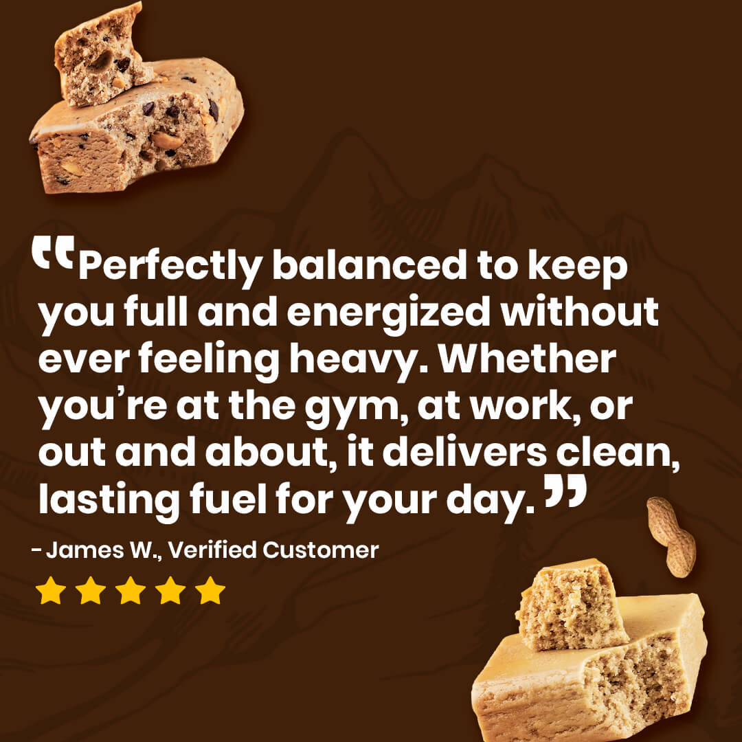 Product packaging with text and images of protein bars on a brown background