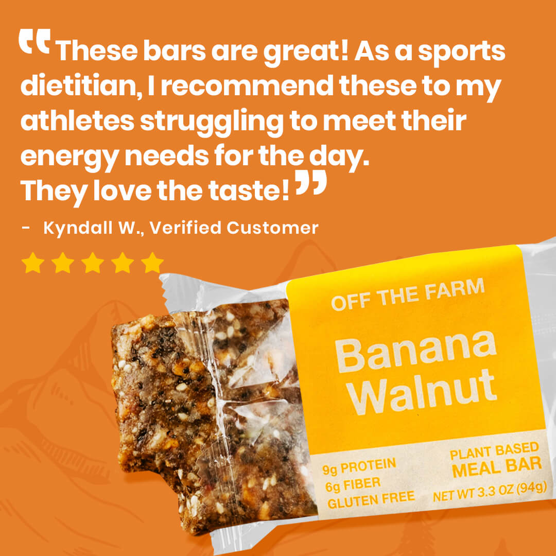 Banana Walnut meal bar with customer review on an orange background