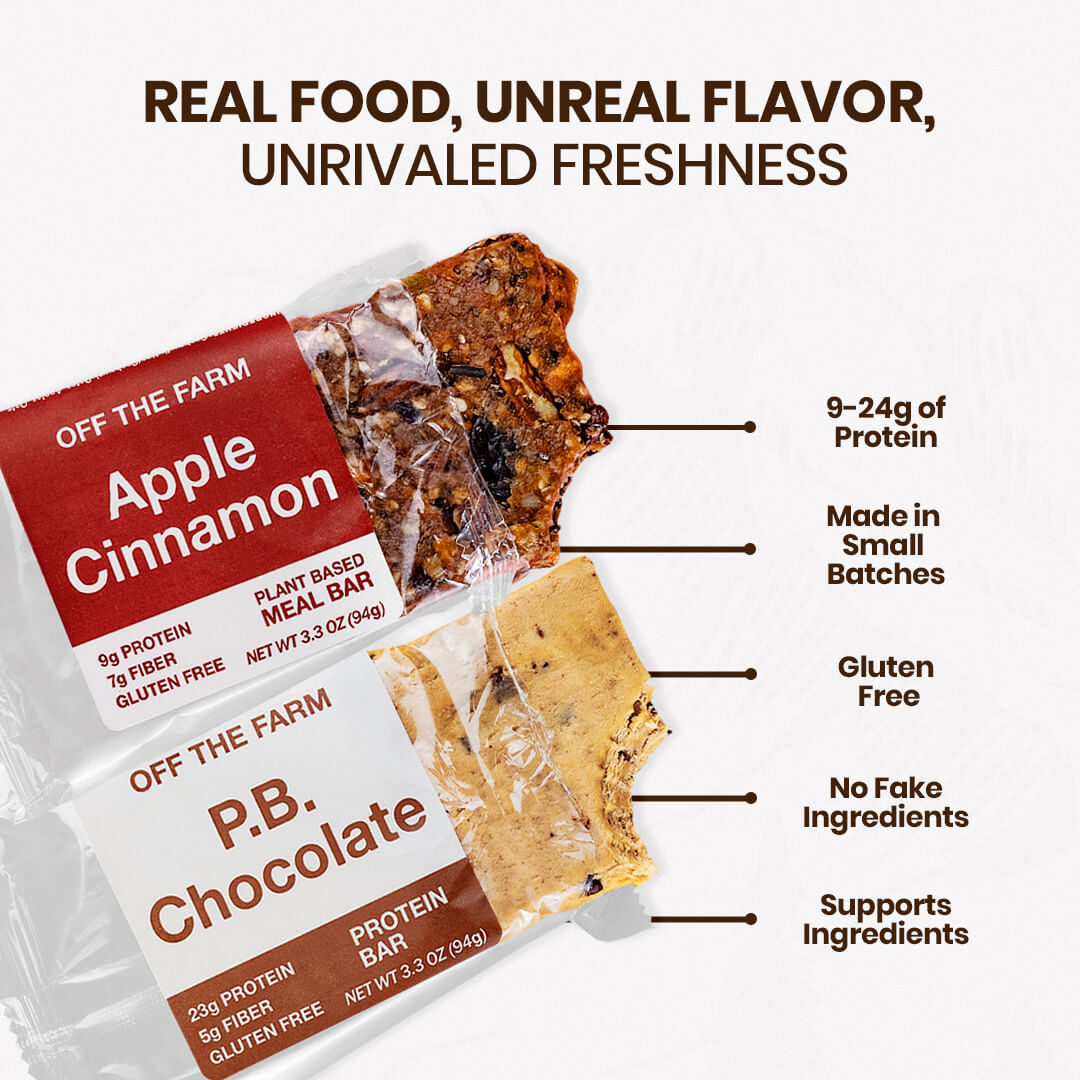 Two OFF THE FARM bars, one Apple Cinnamon and one P.B. Chocolate, with text highlighting their features on a white background.