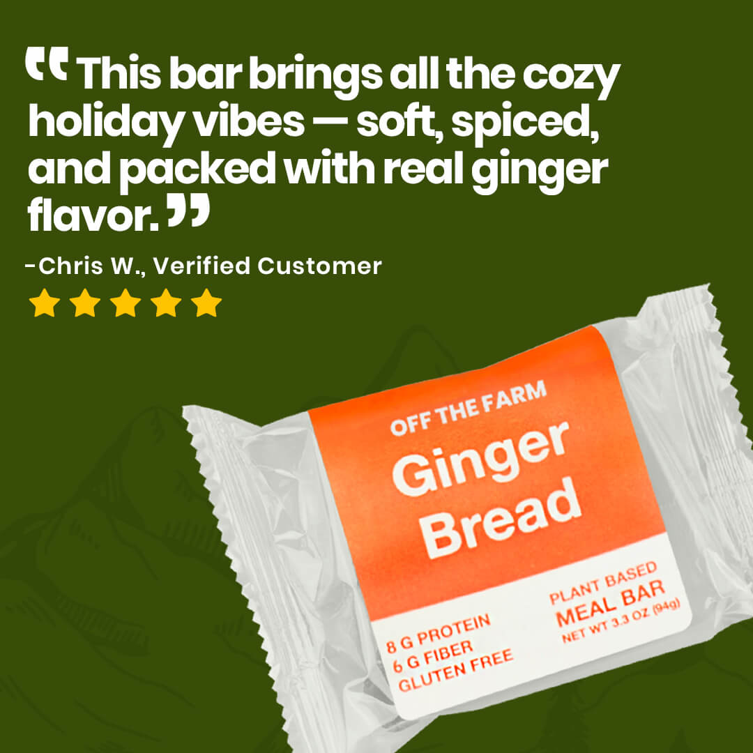 Gingerbread meal bar packaging with customer review on a green background