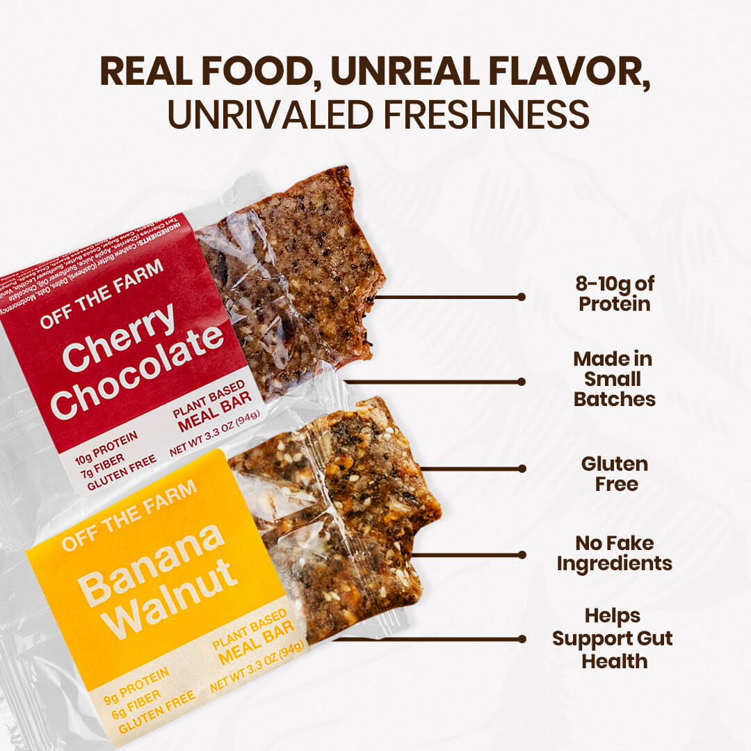 Two OFF THE FARM plant-based meal bars with cherry chocolate and banana walnut flavors, labeled with health benefits on a white background.