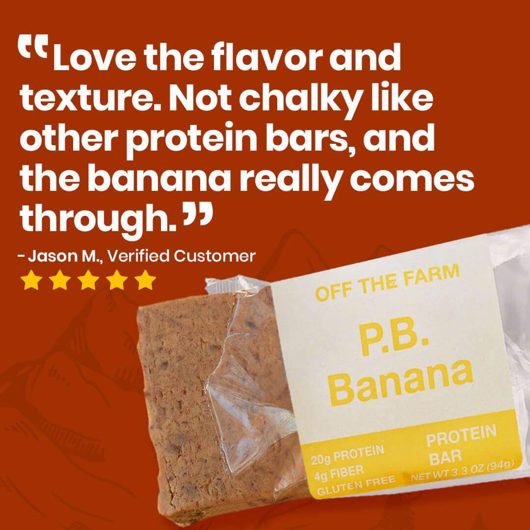 P.B. Banana protein bar with customer review on a red background