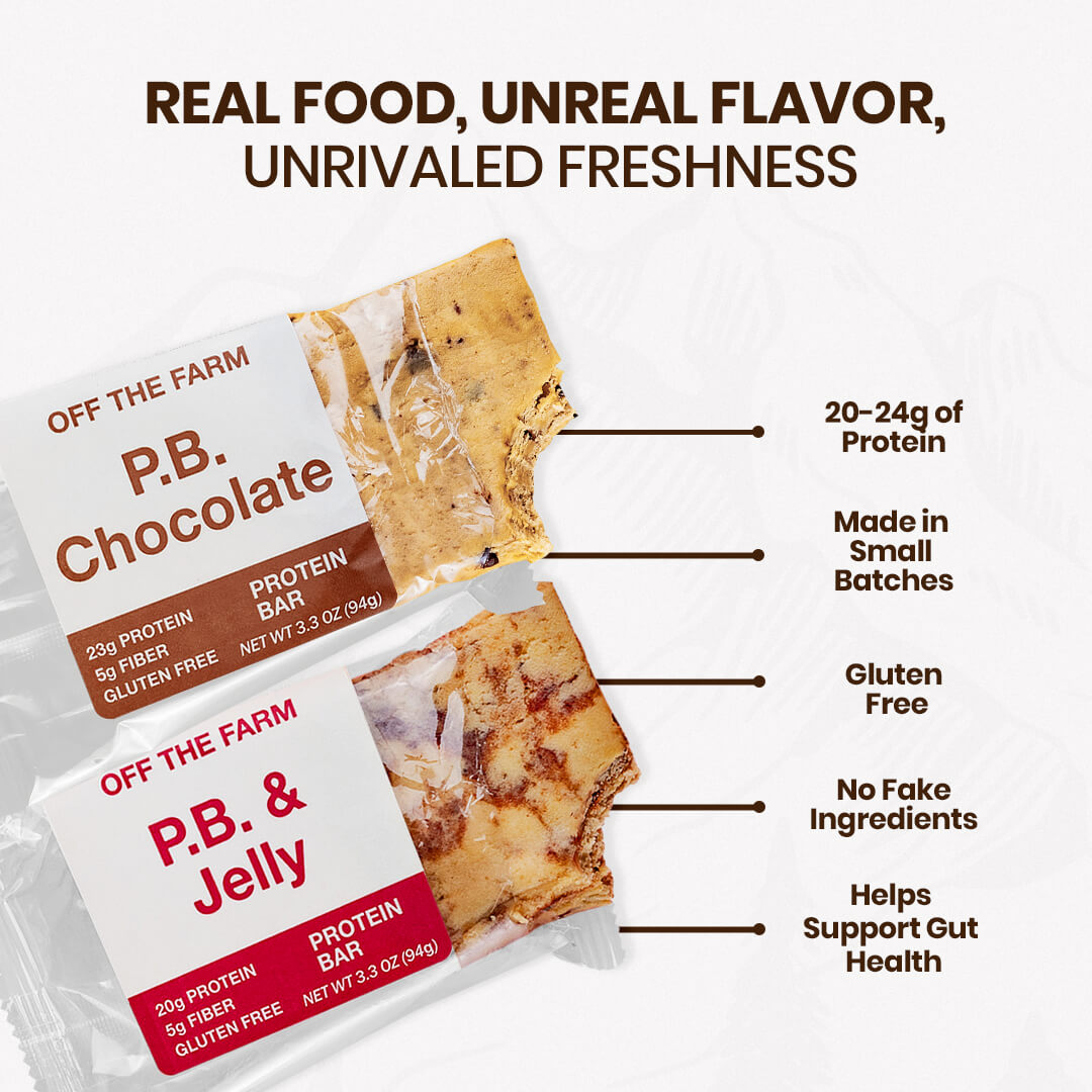 Two protein bars from 'Off The Farm' with text highlighting their features on a white background.