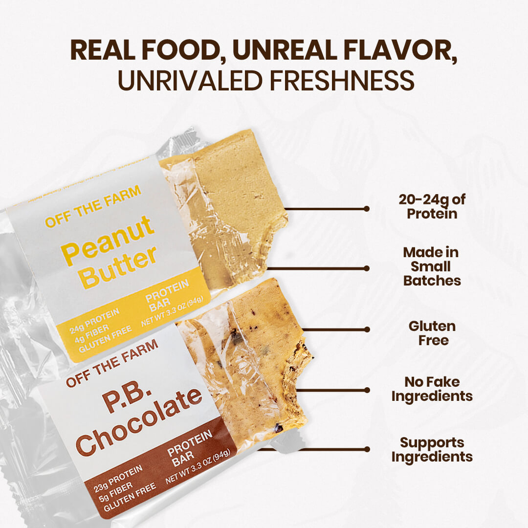 Protein bars with packaging labeled 'Off The Farm' on a white background.