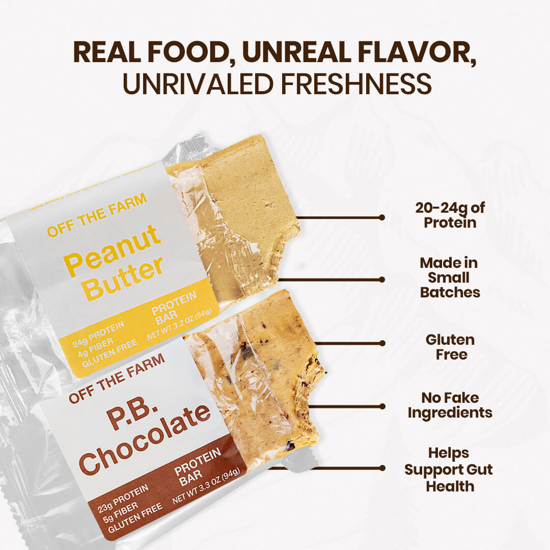 Two OFF THE FARM Protein bars with on a white background with features about the bars.