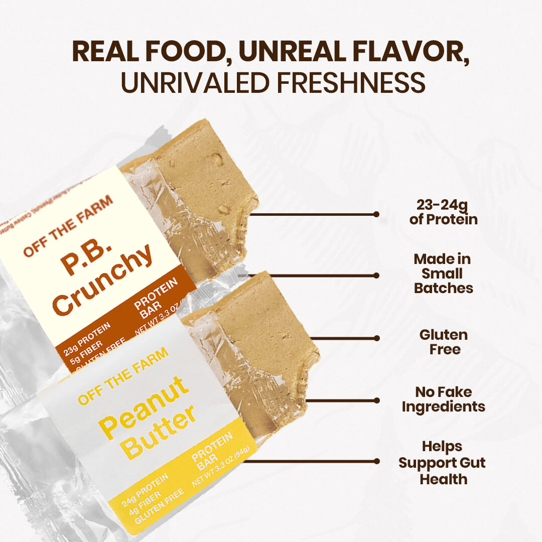Promotional graphic for Off the Farm P.B. Crunchy and Peanut Butter