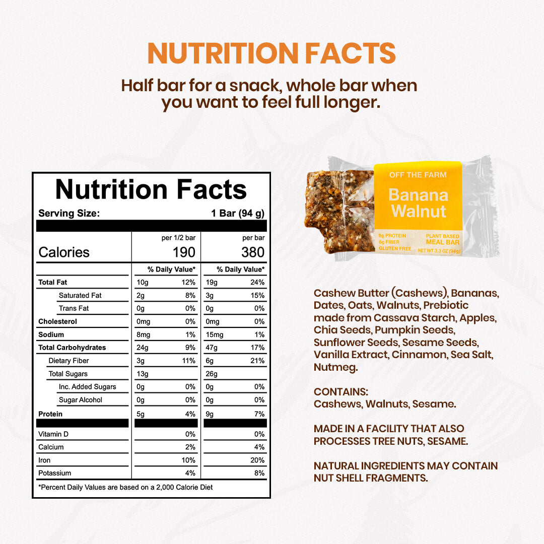 Nutrition facts and ingredients for a banana walnut bar with an image of the bar on a white background.