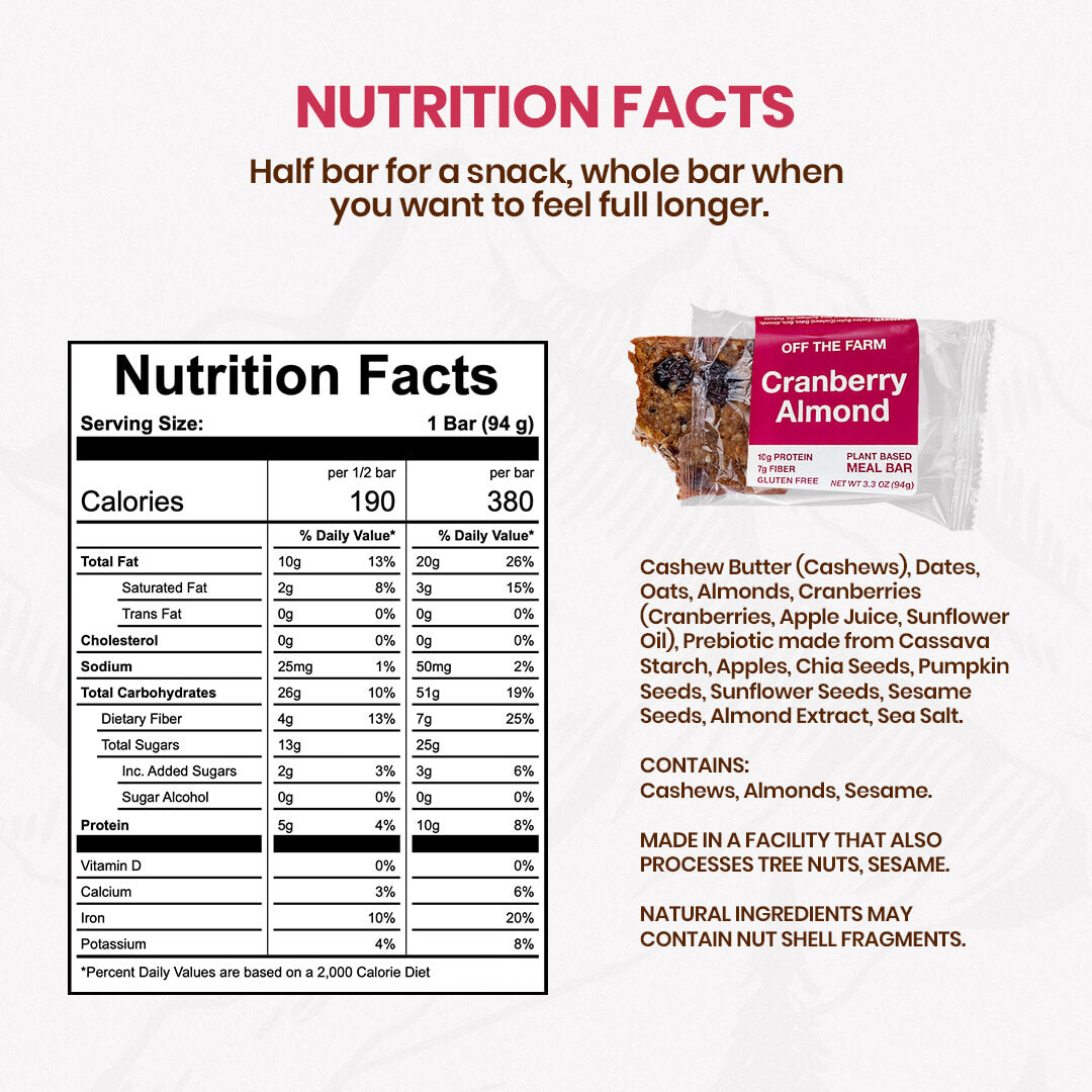 Nutrition facts and ingredients for OFF THE FARM Cranberry Almond bar on a white background