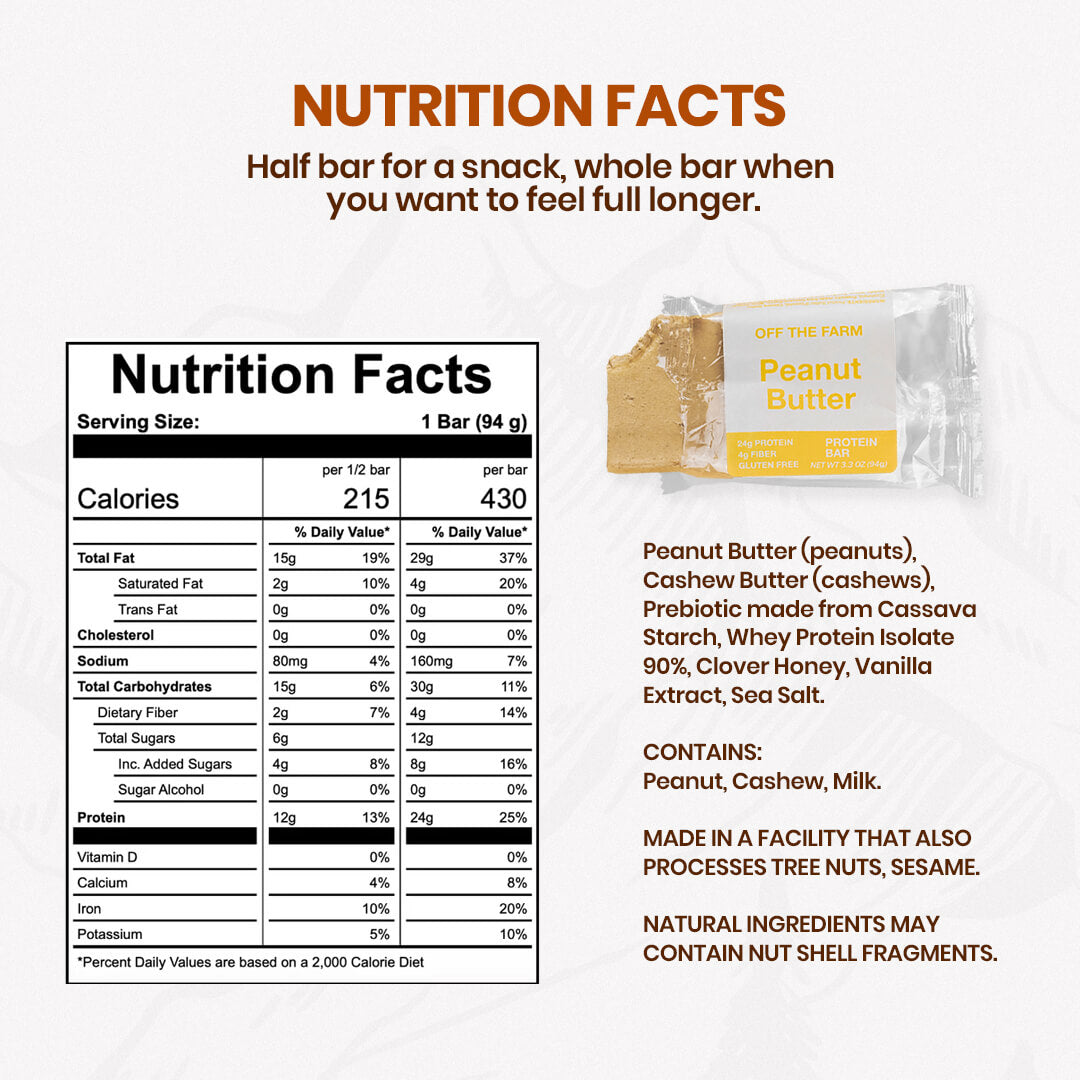 Nutrition facts label and package for an OFF THE FARM peanut butter bar on a white background