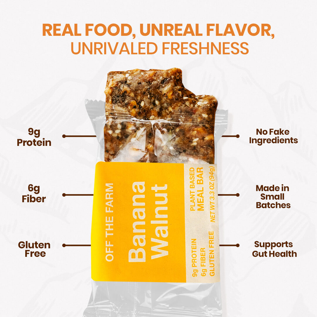 Banana Walnut meal bar packaging with nutritional information and product features on a white background