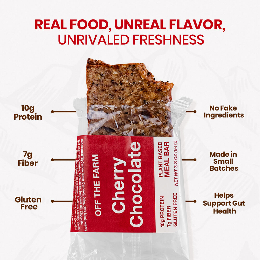 Plant-based meal bar packaging with cherry chocolate flavor, showing nutritional information and product benefits.