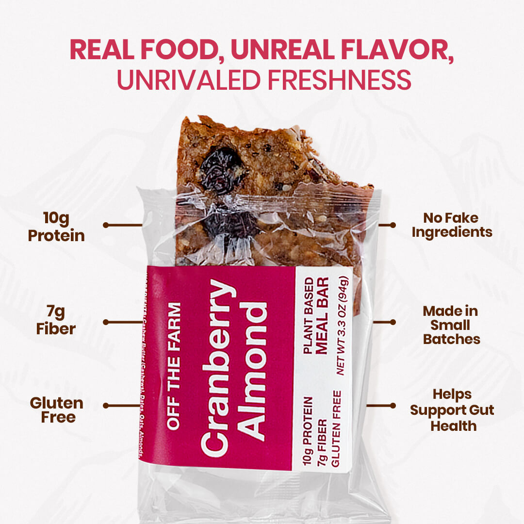 Plant-based Cranberry Almond meal bar packaging with text highlighting features on a white background