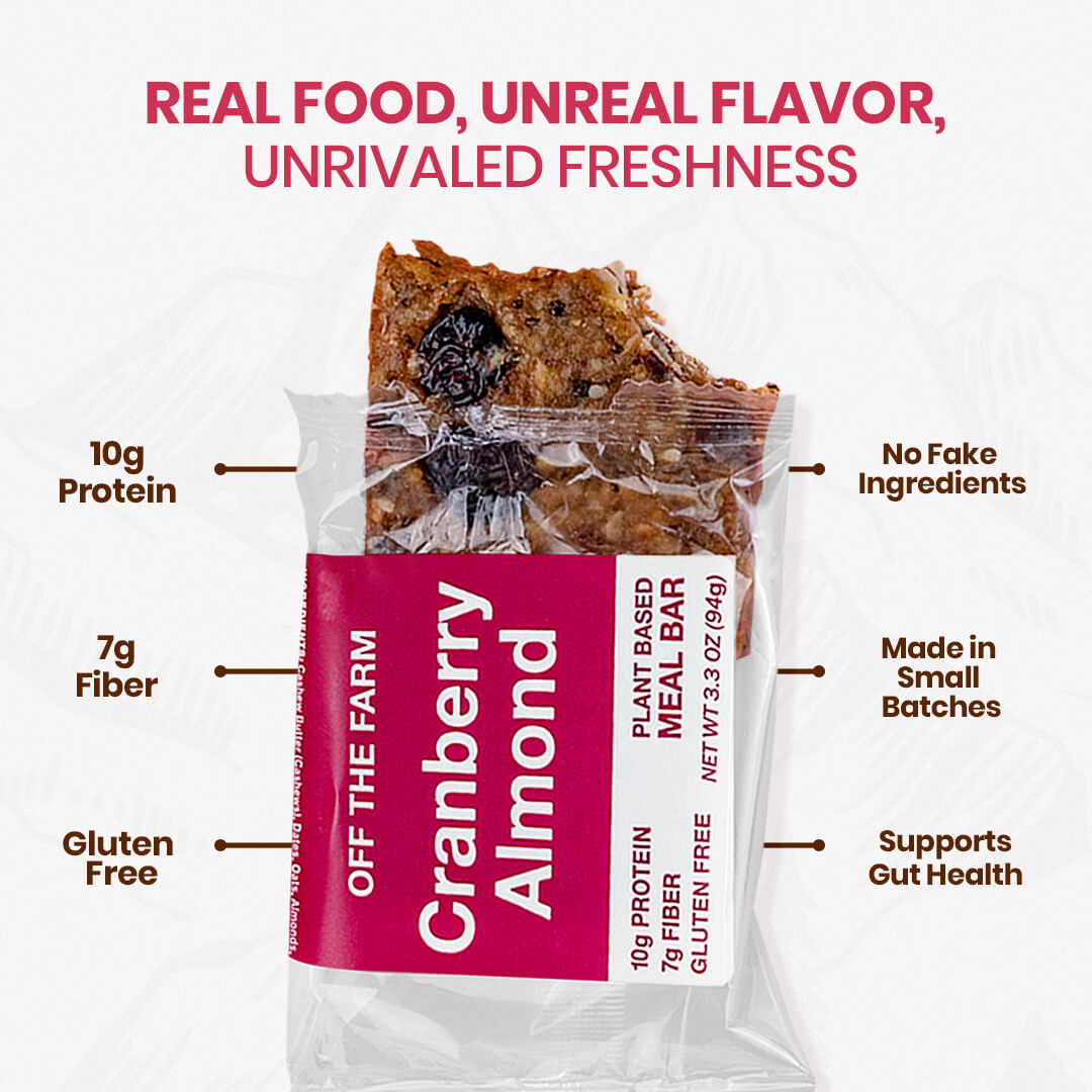 Plant-based cranberry almond meal bar packaging with text highlighting features on a white background